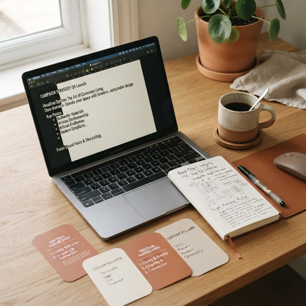 A clean editorial workspace showing a laptop, notebook, and coffee — tools of a copywriter working from home