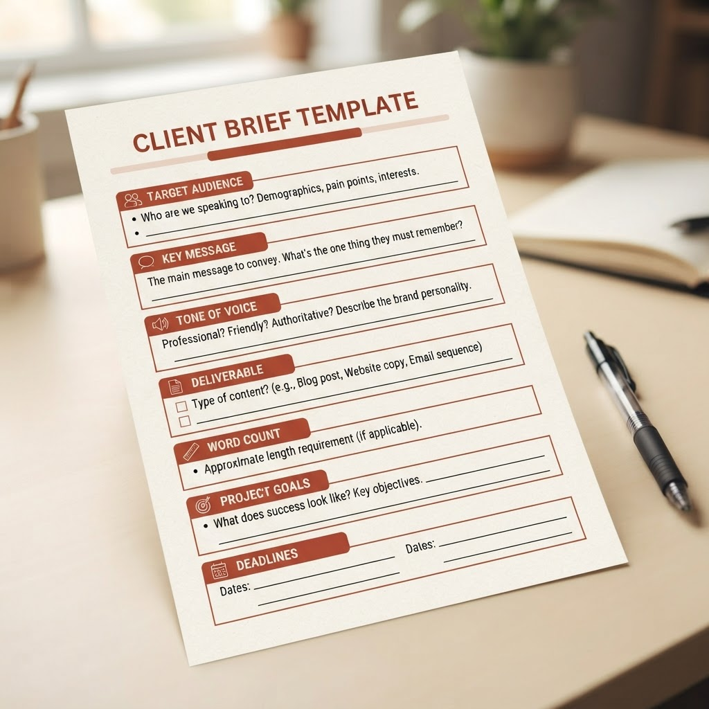 An educational worksheet labeled 'Client Brief Template' showing structured sections for a copywriting project